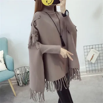 

2019 new turtleneck knitted women sweaters and pullovers tassel solid loose bat wing sleeved thicken warm lady pulls outwear