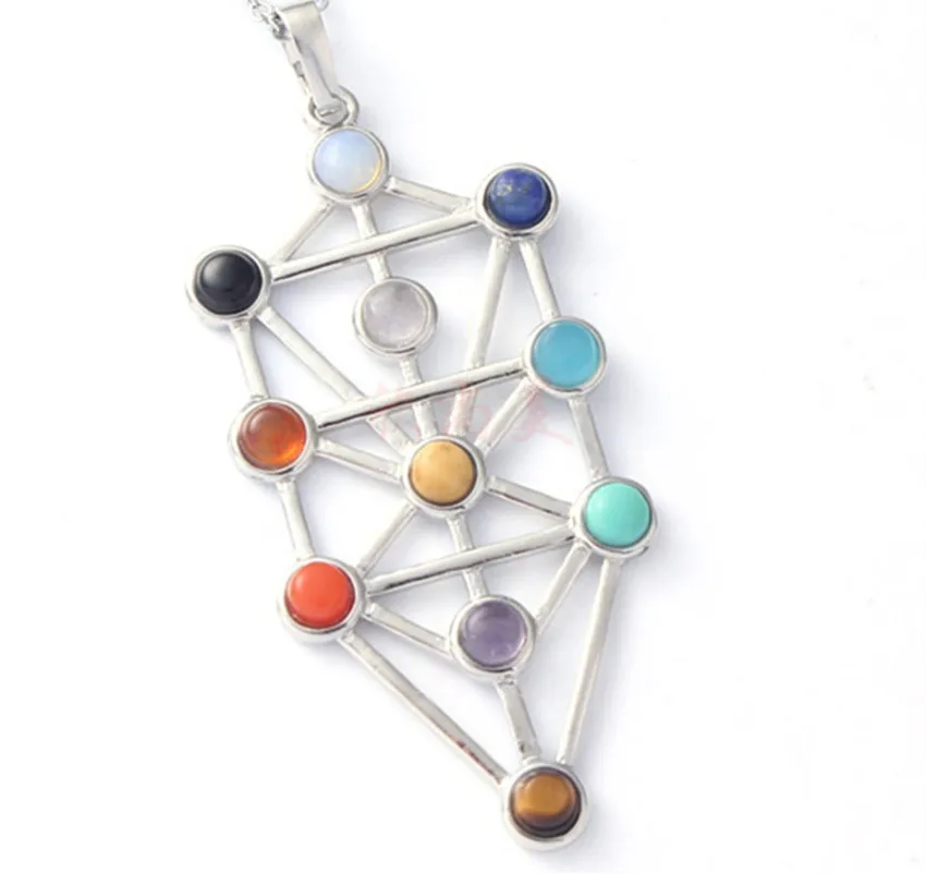 

100-Unique 1 Pcs Silver Plated Colorful Stone Beads Kabbalah Tree Healing Chakra Pendant Necklace Fashion Jewelry