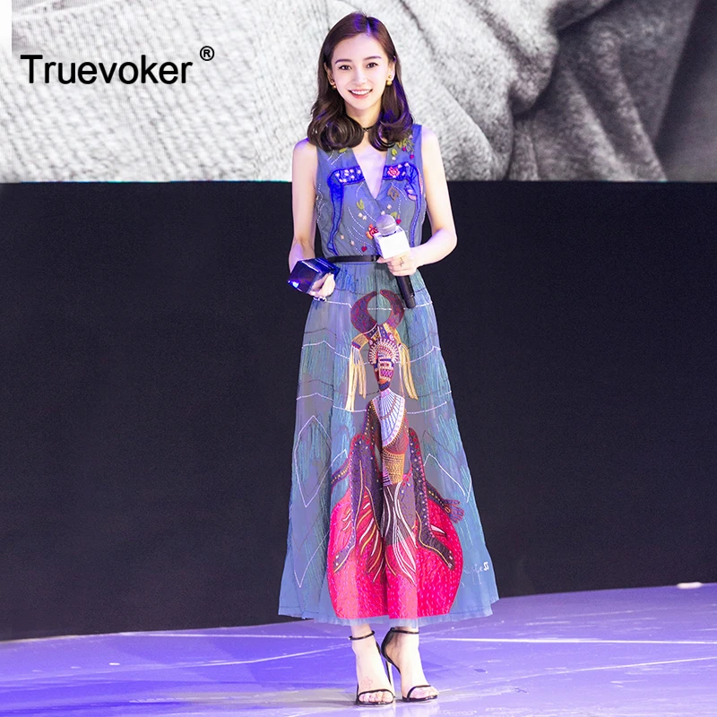 Truevoker Designer Dress Celebrity Fashion Vestido High Quality V-neck Vintage Ethnic Embroidery Lace Midi Calf Woman Tank Dress