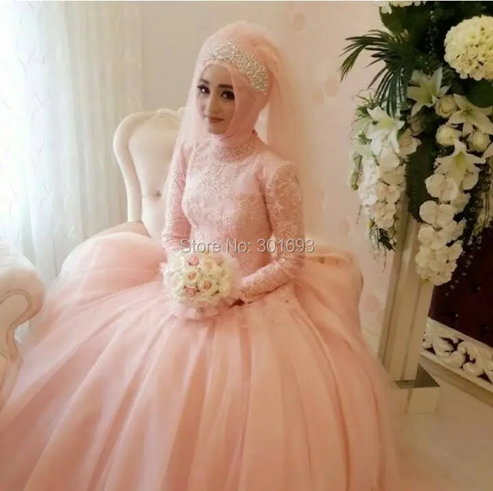 Oumeiya OW304 Pink Tulle Lace Appliques High Neck Long Sleeve Floor Length Ball Gown font b
