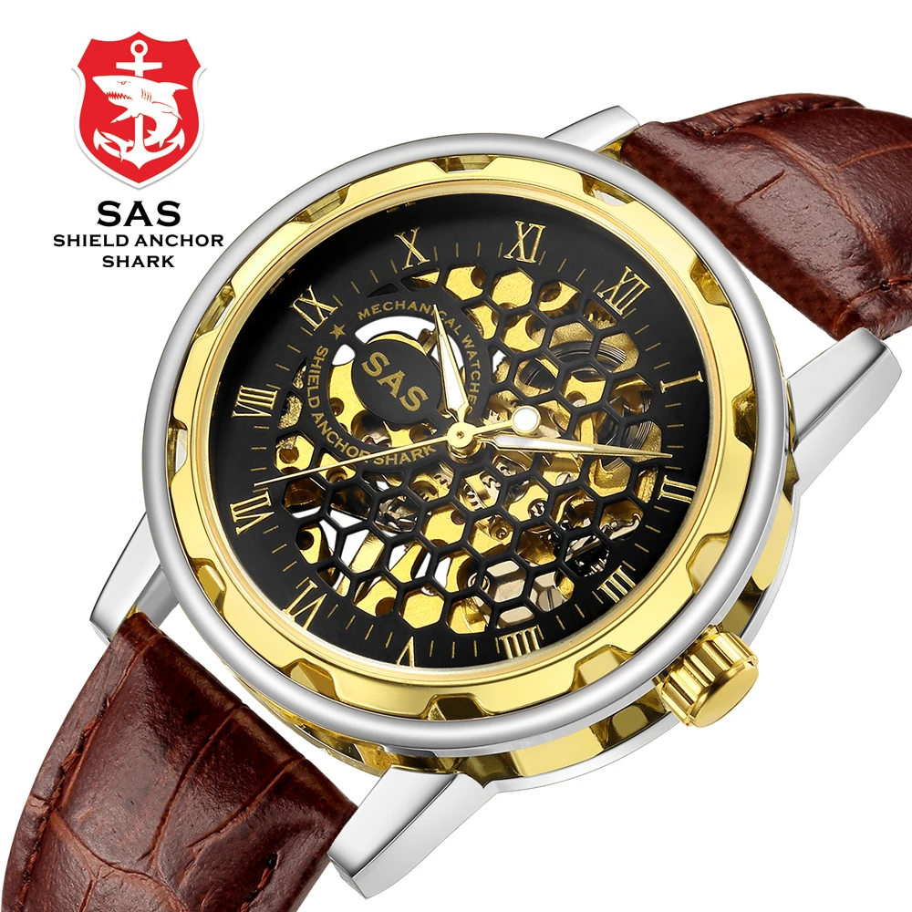 

SAS Shield Anchor Shark Fashion Honeycomb Hollow Dial Design Skeleton Mechanical Watches Men Luxury Brand Leather Watch Clock