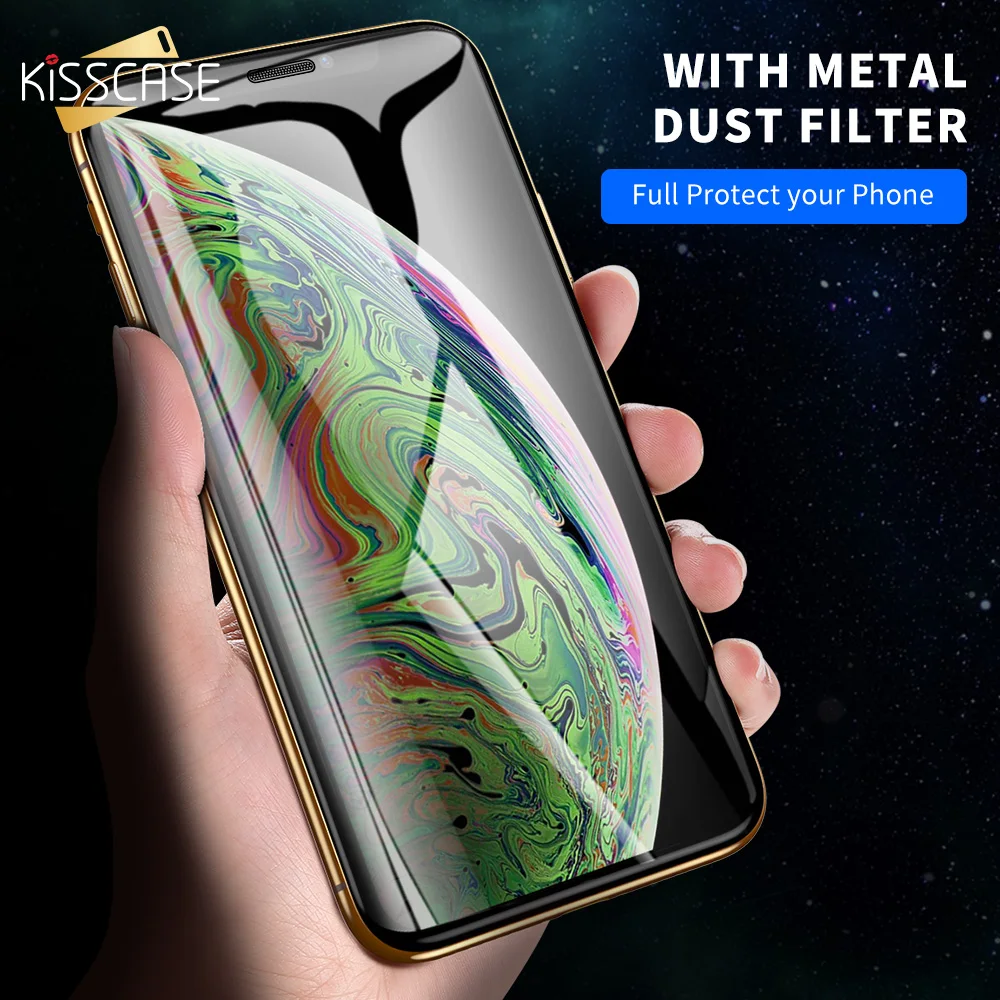 KISSCASE металлическая сетка фильтра от пыли 9D изогнутые края закаленное стекло для iphone XR XS X защита экрана полное покрытие стекло Передняя пленка