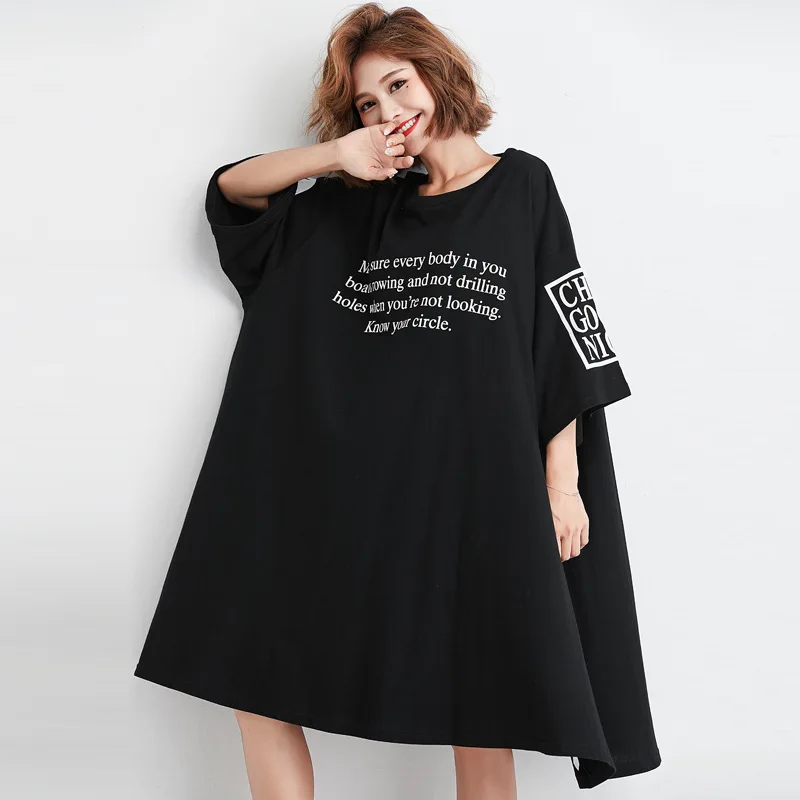 

[EWQ] 2019 Spring Summer Round Collar Three Quarter Sleeve Letter Print Patchwork Pullovers Casual Loose Dress Women AG49701
