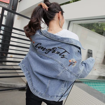

Girls casua deniml jacket female 2018 new ins posy embroidery collar loose retro jeans jacket 6837#