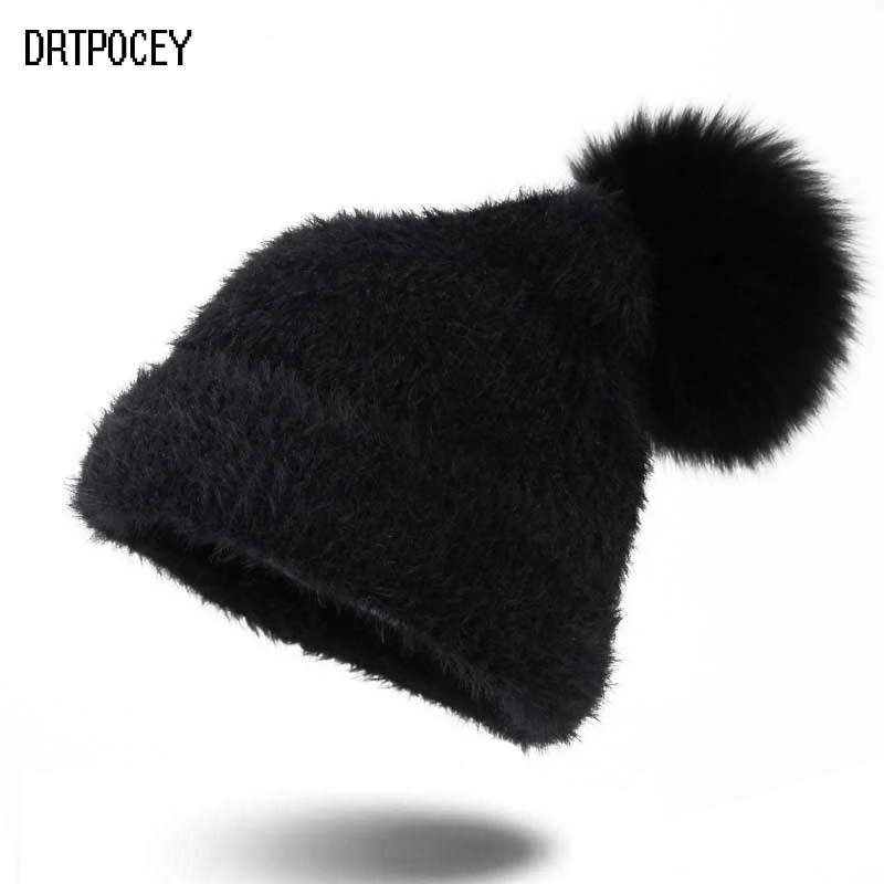 

New Women Beanies Real Fox Fur Pom Poms Ball Skullies Beanies Keep Warm Winter Hat For Women Solid Colors Ski Gorros Cap