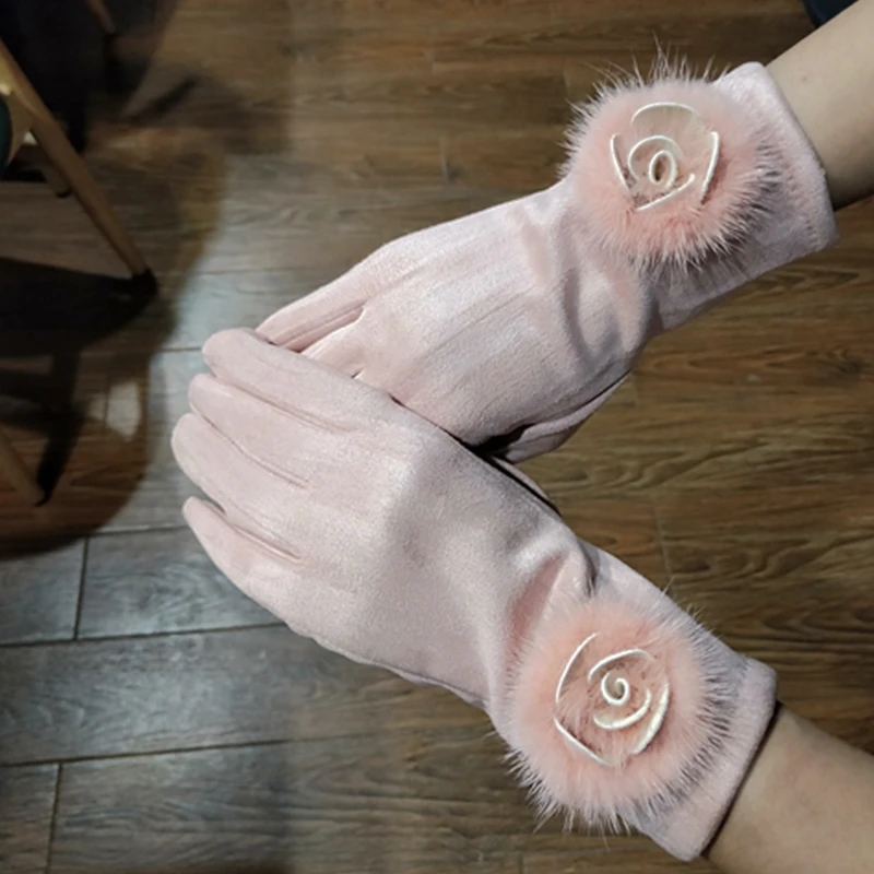 Брендовые Перчатки замшевые кожаные перчатки женские норковые меховые зимние перчатки сенсорный экран модные зимние варежки для женщин