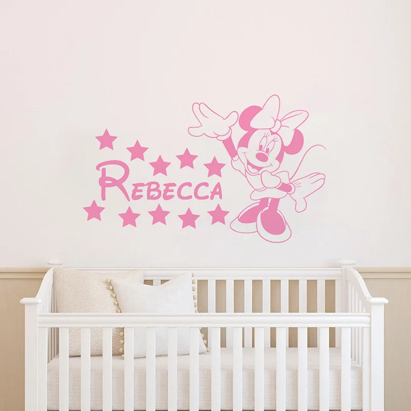 

Art Vinyl Wall Sticker For Kid Room Decoration Cartoon Minnie Mouse Customized Name Baby Bedroom Nursery Decor Decal ZX559