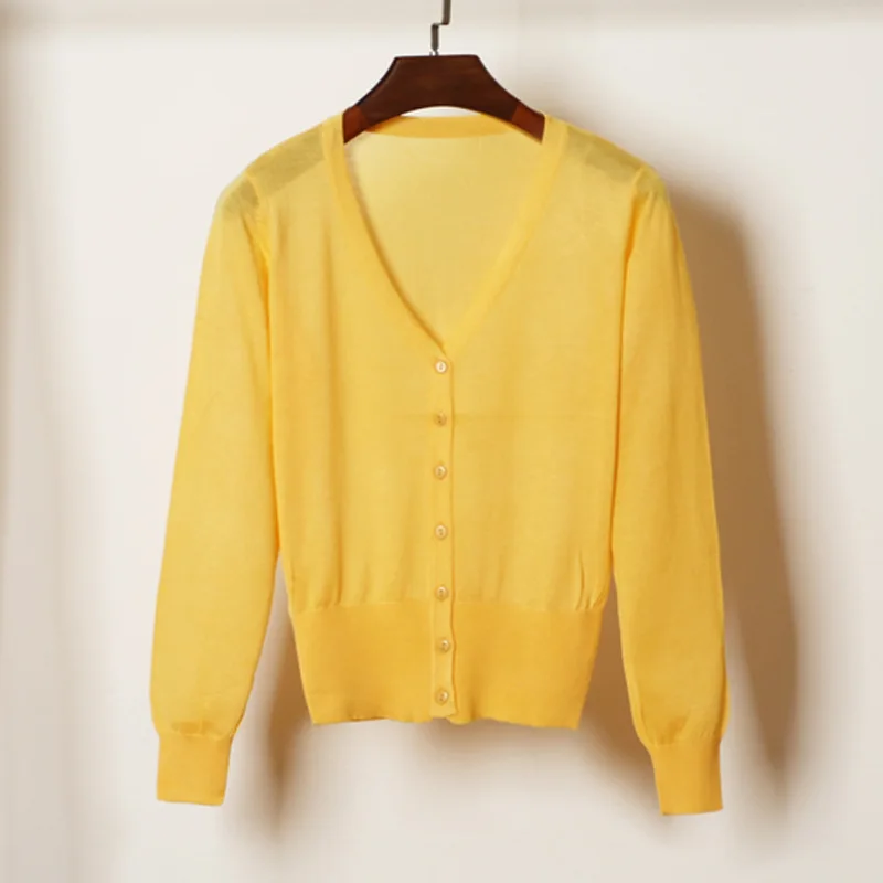 27 цветов для женщин вязаный кардиган летние тонкие короткий свитер кардиган пальто дамы плюс размеры с длинным рукавом повседневное женский то - Цвет: ginger yellow