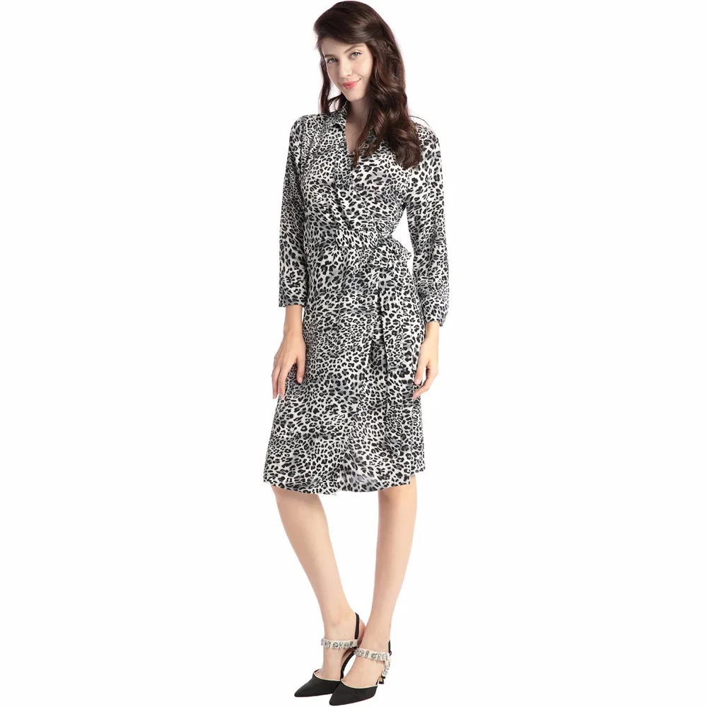 

NEW Women leopard print wrap dress long sleeve vintage long loose dresses mid calf party Vestidos robe muslim women clothing