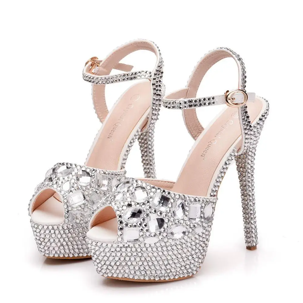 

Summer plus size crystal stiletto bridal wedding shoes rhinestone banquet dress all-match waterproof platform women's sandals