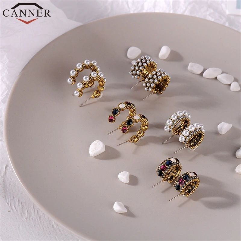 CANNER Classic Vintage Rhinestone Imitation Pearl Hoop Earrings Gold Color Temperament Circle Earring for Women Jewelry FI