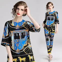 Модная стильная летняя одежда, красивая блузка с принтом лошади и прямые брюки, комплект из двух предметов, женские брендовые комплекты