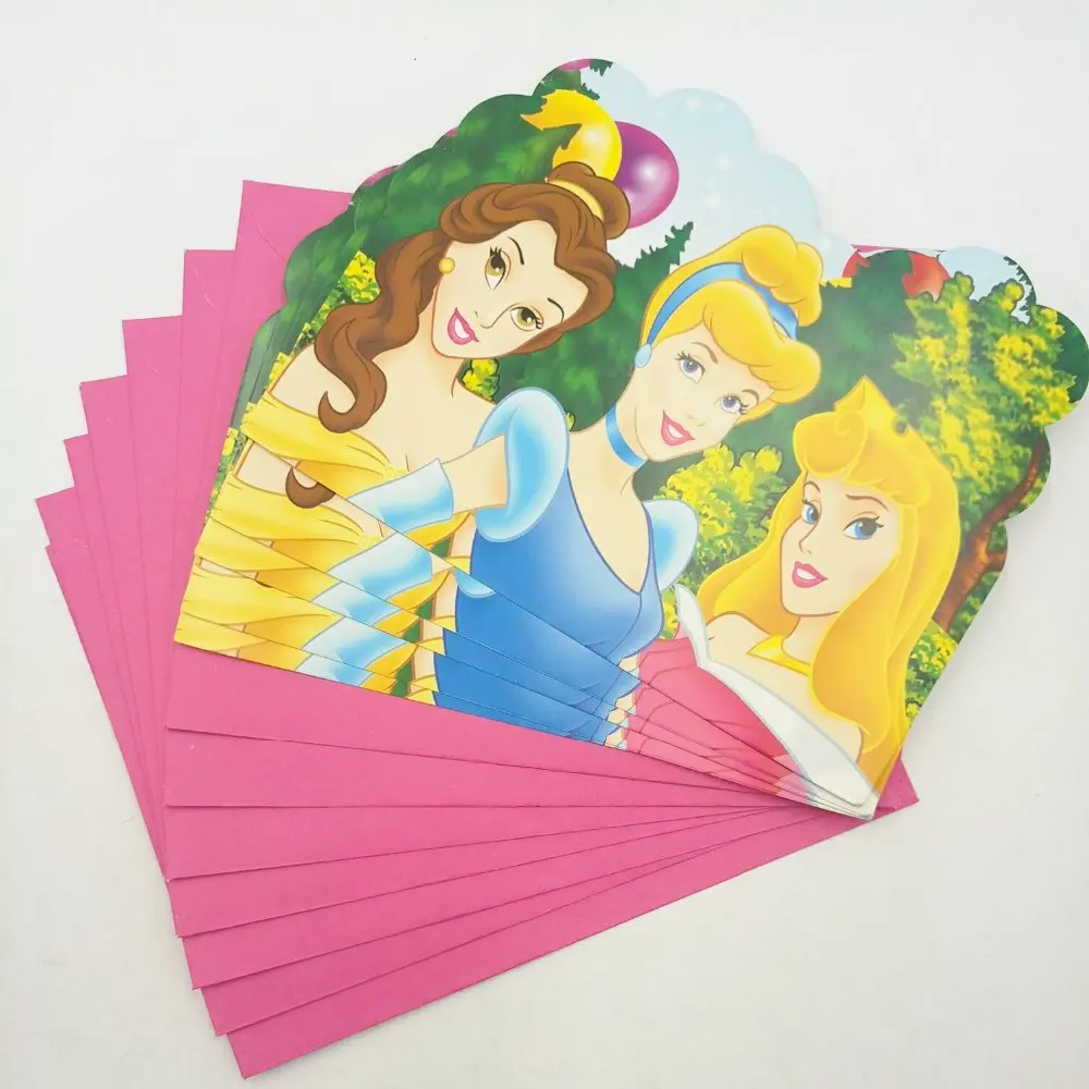 

6pcs/lot Cinderella/Ariel/Snow White/Aurora/Jasmine Princess Kids Party Supplies Envelope Invitation Card Birthday Decorations