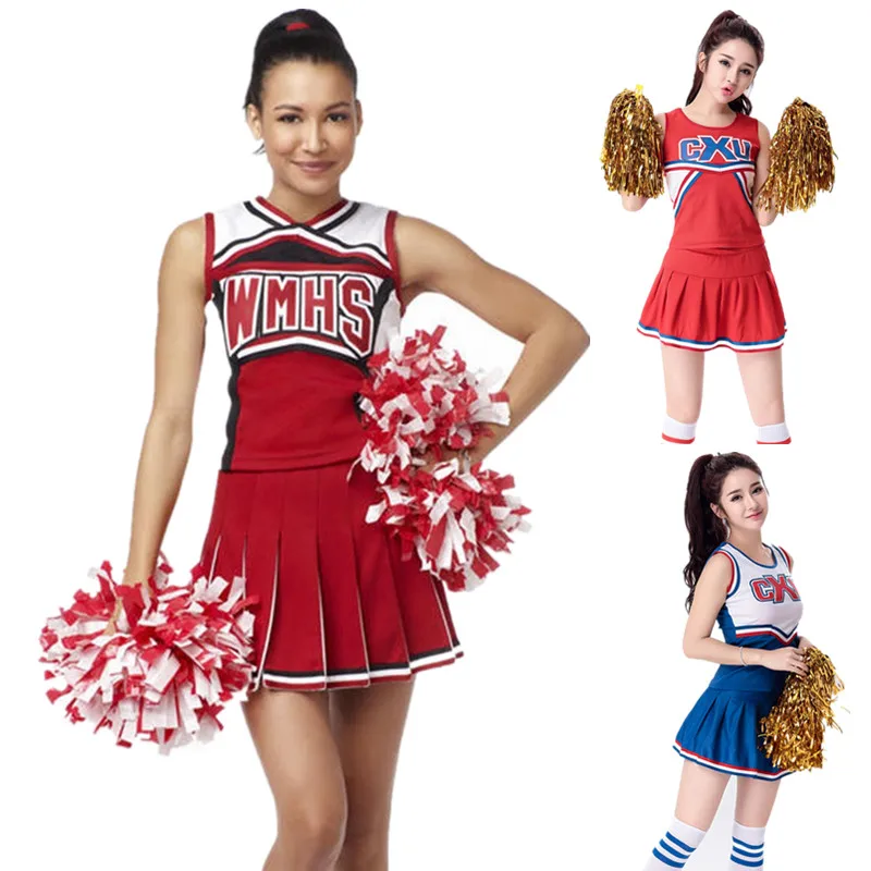 

S-XL Red Blue Adult Sexy High School Cheer Musical Glee Cheerleader Costumes Cheer Girls Uniform Party Outfit Tops with Skirt