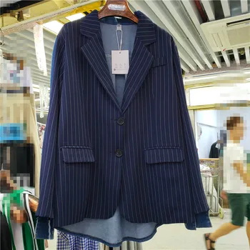 

Ins Spring Autumn New Striped Fashion Suit Jacket Korean Long Denim Splice Small Suits Thin Blazer Coat Girl Lady Blazers Coats