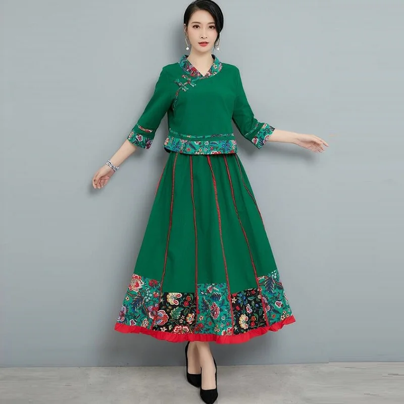Этнические женские комплекты из двух предметов юбка набор Ципао ВЫШИВКА ВИНТАЖНЫЕ наряды традиционная китайская одежда для женщин TA1421 - Цвет: 1