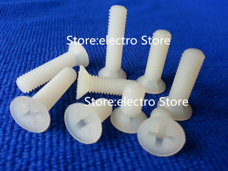 

Free Shipping 100pcs M5 Length 8mm 10mm 12mm 15mm 20mm 25mm 30mm 35mm 40mm Nylon screws countersunk head flat head screws White