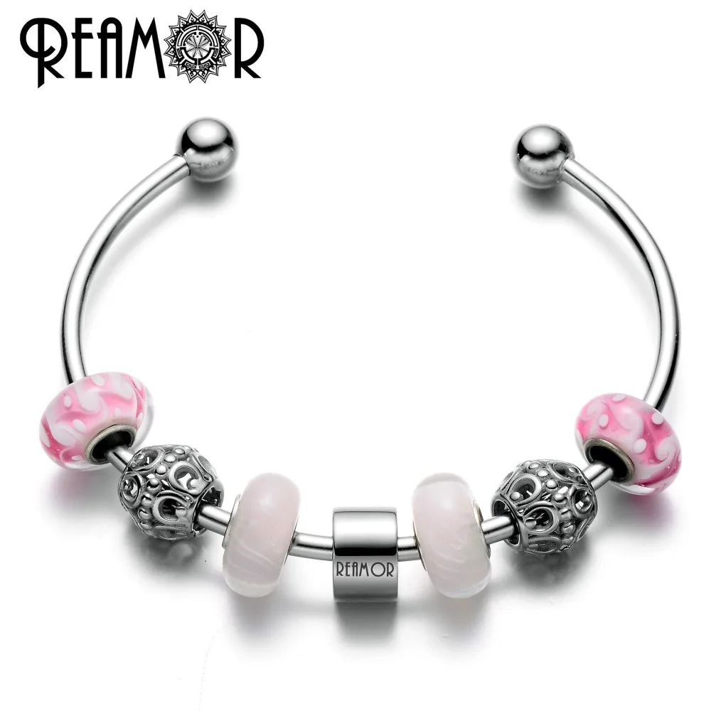 

REAMOR Brand Letter 316l Stainless Steel Lucky Horseshoe Charm Adjustable Cuff Open Women Bracelet & Bangle With Pink Glass Bead