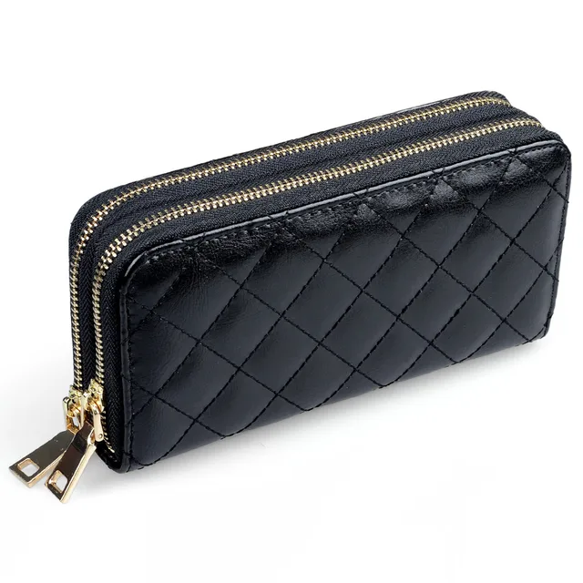 Women PU Leather Quilted Double Zipper Wallet Clutch Case