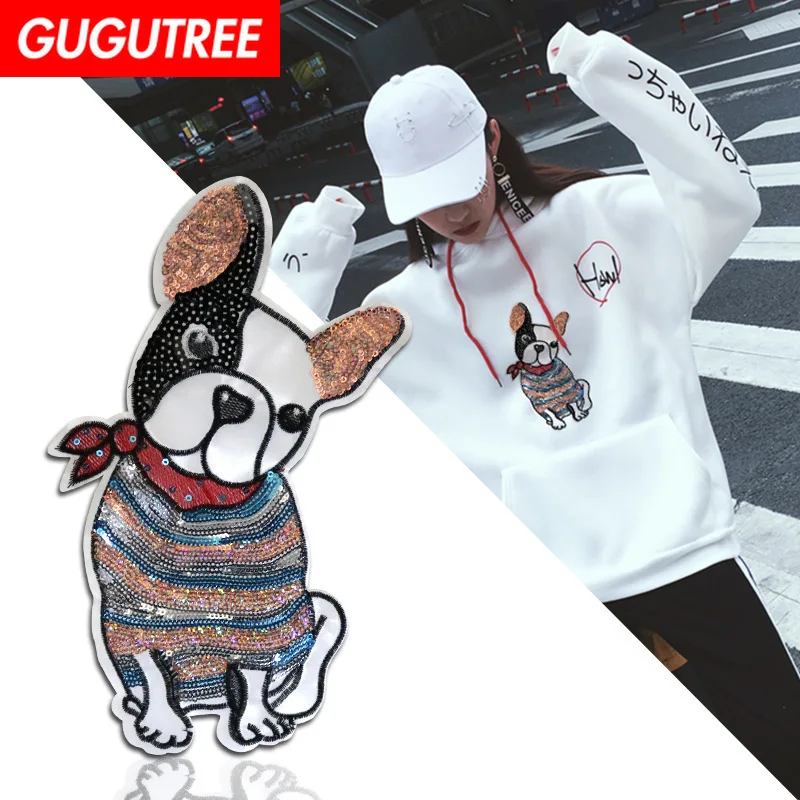 

GUGUTREE embroidery Sequins big dogs patches animal patches badges applique patches for clothing XC-228