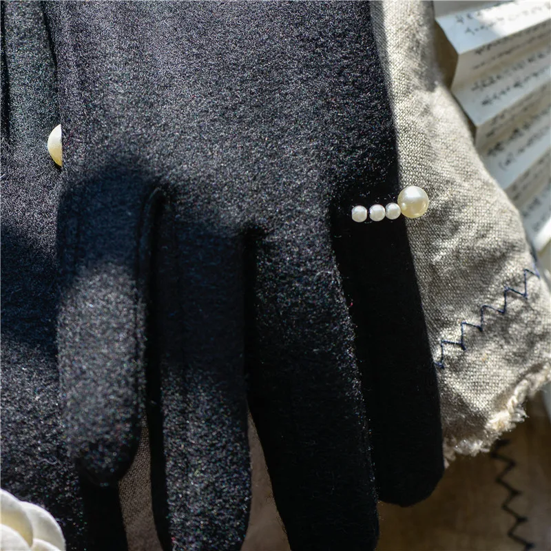 Женские кашемировые шерстяные перчатки с жемчужным кольцом, элегантные женские перчатки, модные теплые варежки для девушек, вечерние, для вождения