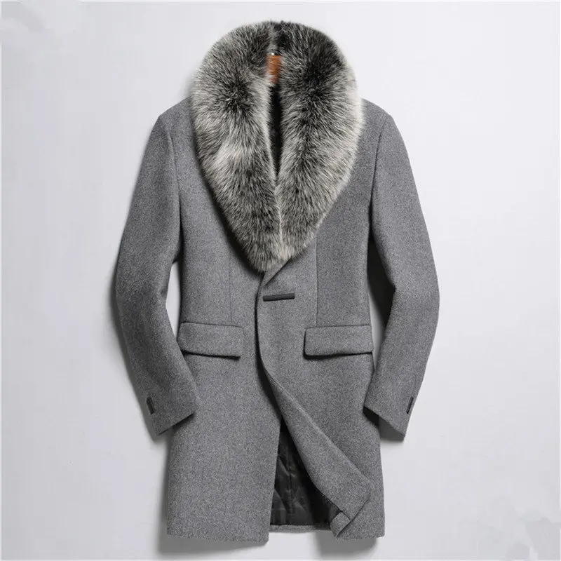 

YOLANFAIRY Autumn Winter Jacket Men Top Qulity Wool Coat 100%Real Fox Fur Collar Overcoat Abrigo De Lana Hombre M2988 MF629
