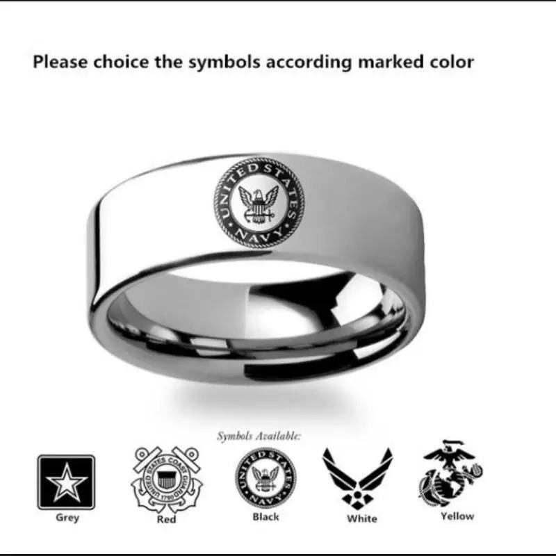 

Military symbol logo engraving flat polished titanium steel ring - Army, Coast Guard, Navy, Marine Corps, Air Force