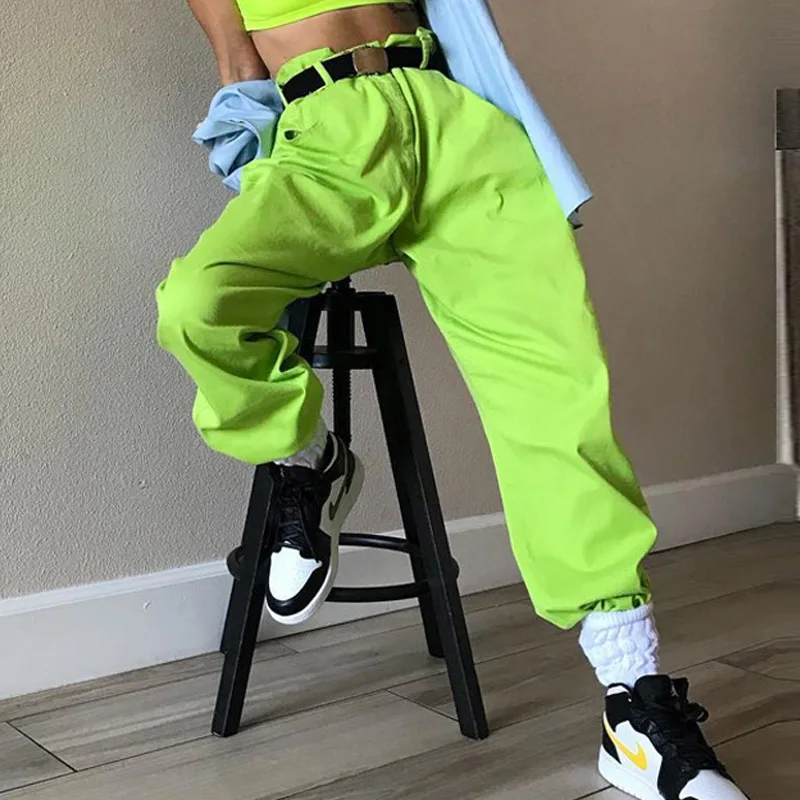 

Auyiufar Neon Fashion Women Pants High Waist Loose Pants Green Cargo Pants Pantalones Loose Trousers Female 2019 Streewear Pants