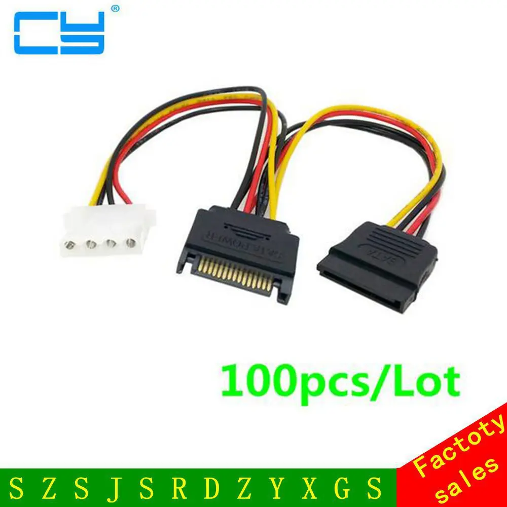 100 unids/lote de 15 pines SATA macho a 4 pines IDE Molex hembra