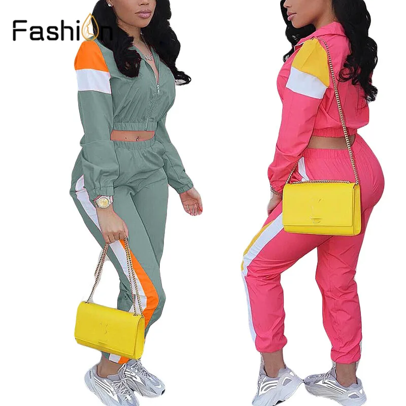 

Women Street 2 Pieces Set Summer Spring Full Sleeve Short Crop Tops and Long Pants Two Piece Sets Elastic Suit Outfit Tracksuit