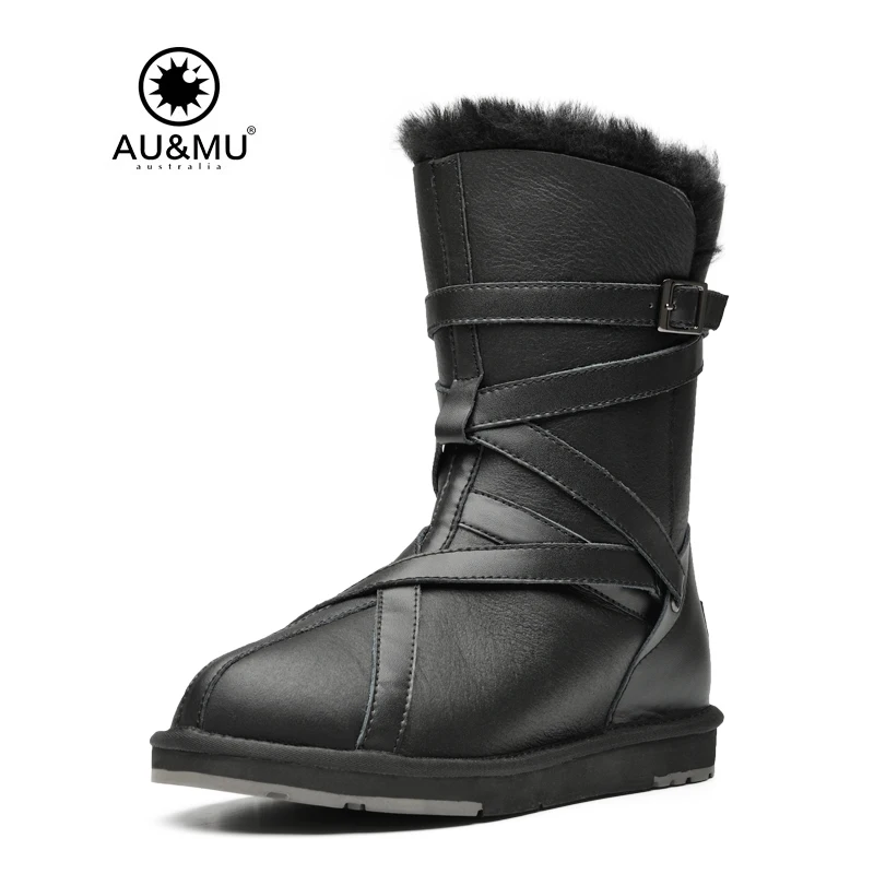 

2018 AUMU Australia Fur Flat Leather Slip-on Thick Platform Solid Round Toe Rubber Soles Mid-calf Snow Winter Boots N363