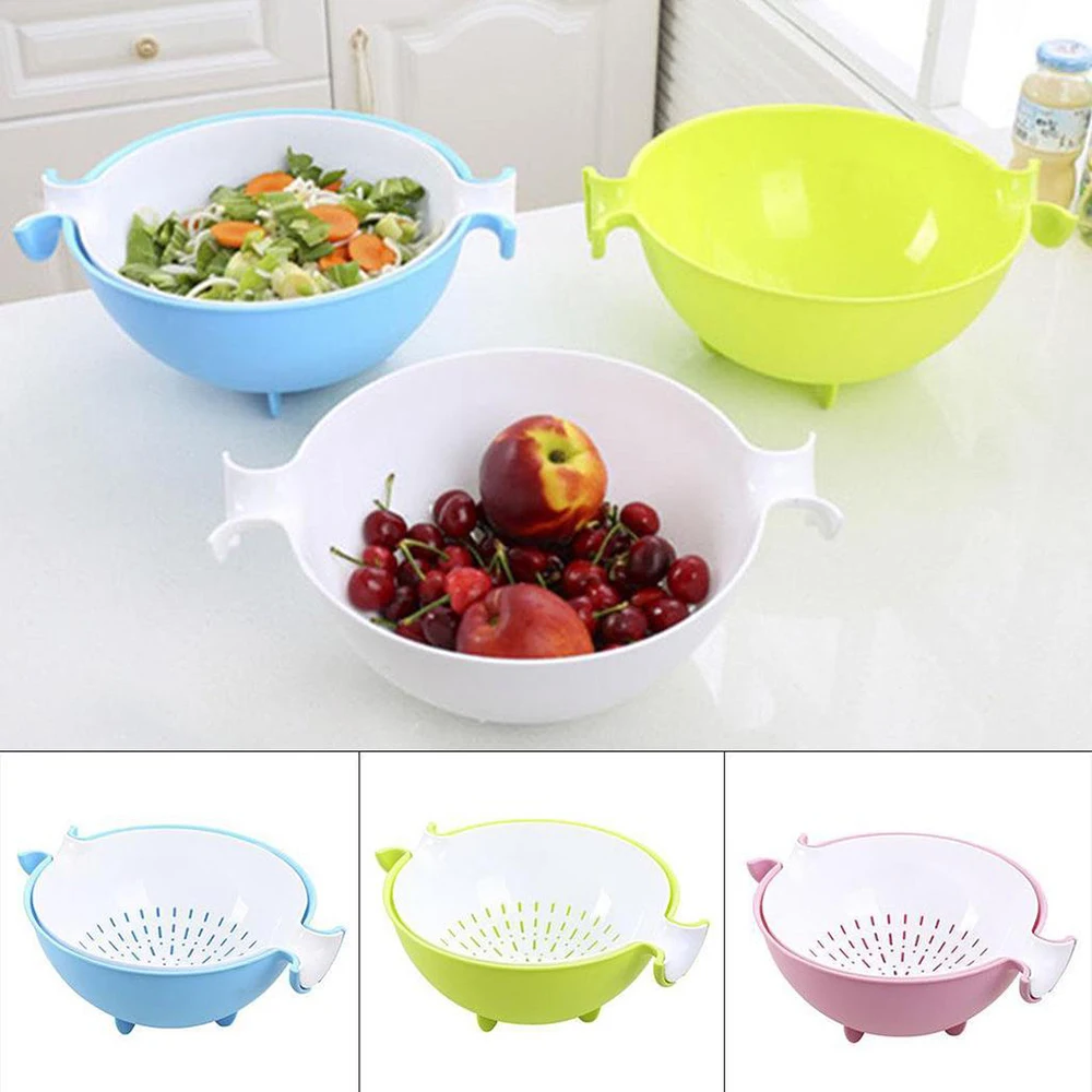 

2-in-1 Multifunction Kitchen Colander Strainer Bowl Set Fruit Vegetable Double Layered Rotatable Drain Basin Basket