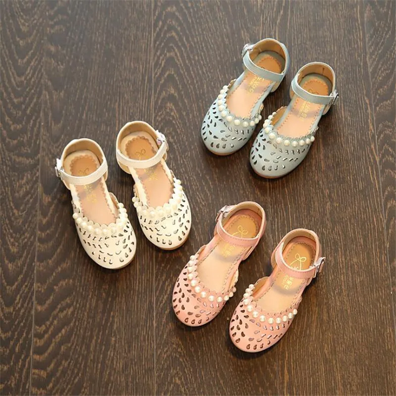 

40% Spring summer Children girl bean shoe Flat casual Hollow out girl princess pearl Shoes 26-35 3colors TX07