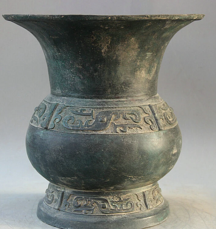 

Elegant old S2173 13" Old Chinese dynasty Bronze Folk circular water vessel kettle Pot Jar Crock statue