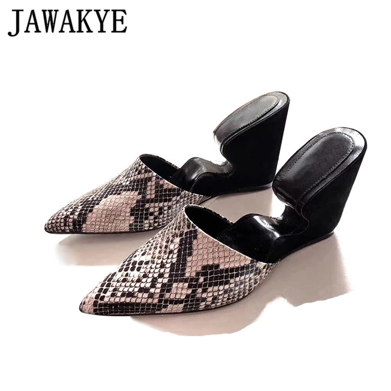 

Sexy slope stretcher Wedge Heel Women Slippers Point Toe Snake Skin Mules Novelty gladiator sandals Strange Heel Shoes Woman