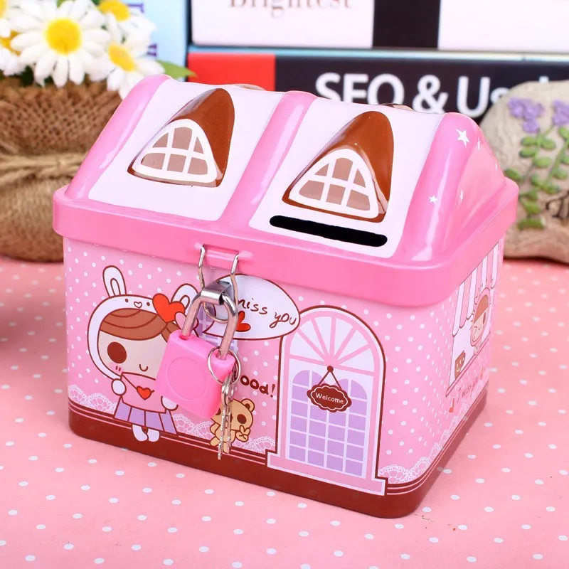 

New Metal Tinplate House Piggy Lock Saving Coins Money Box For KidsToy Gift Bank Home Decor Crafts Fashion Piggy Bank for coins