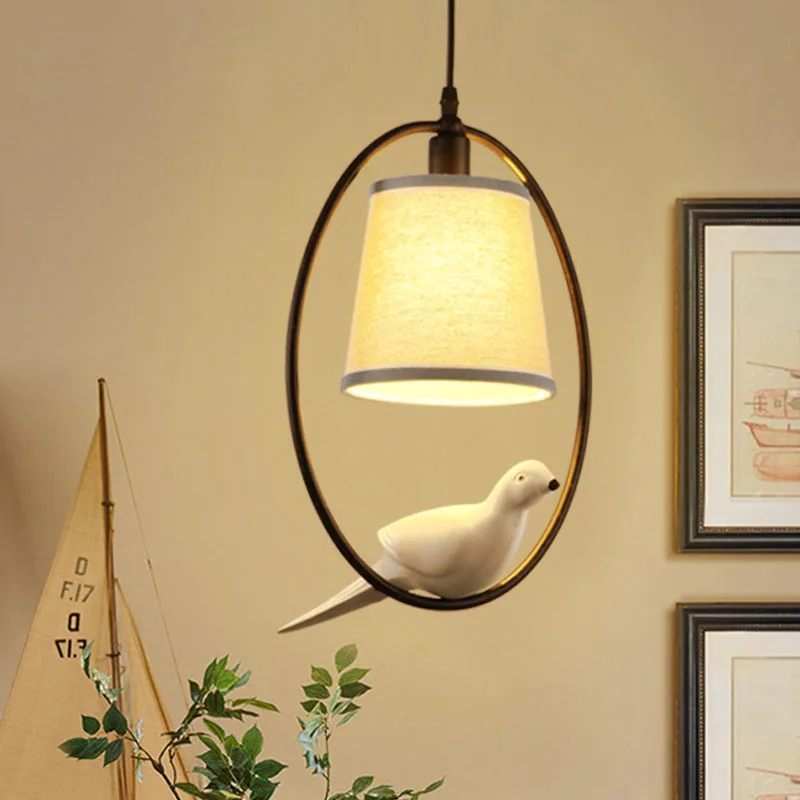 

Modern Creative LED E27 White ClotFabric Lampshade WitResin Bird Wrought Iron ging Pendant Light For Living Room