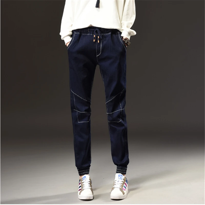 Winter Autumn New Fashion Simple Jeans Woman Elastic Waist Dark Blue Plus Size Jeans Female Pockets Leisure Casual Harem Pants