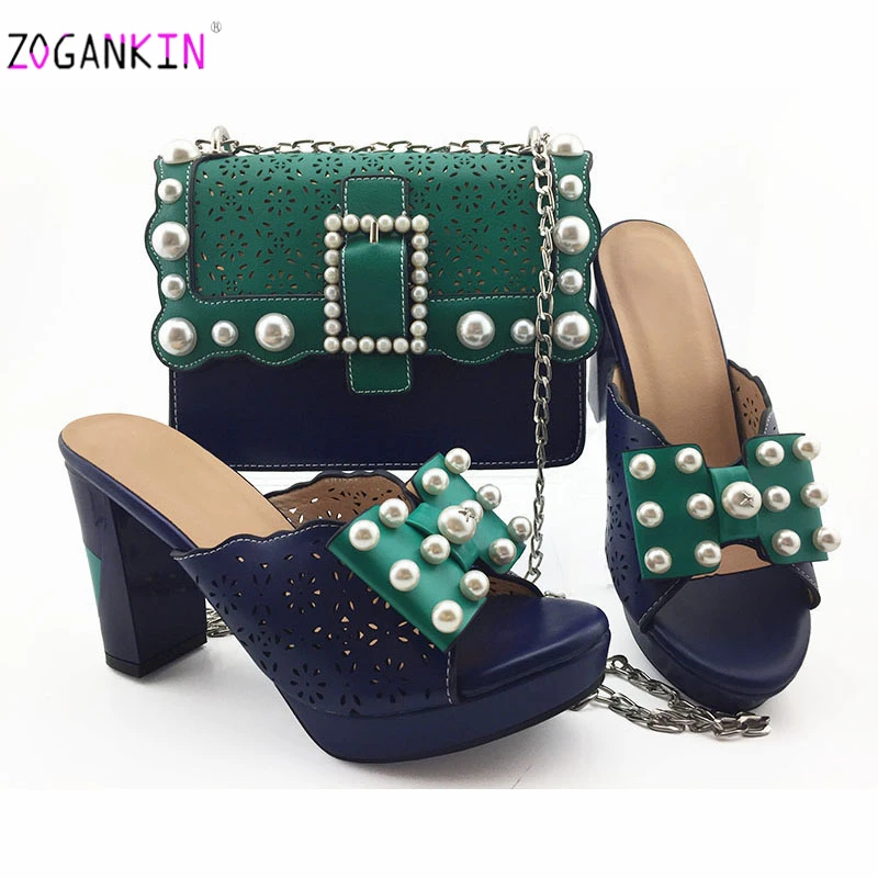 Модный комплект из туфель и сумочки в нигерийском стиле, вечерние туфли и сумочка в африканском стиле, женская обувь и сумочка в комплекте, синий светильник