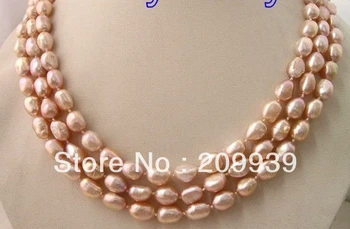

free shipping 002980 3 Strands Pink Golden Baroque FW Pearl Necklace