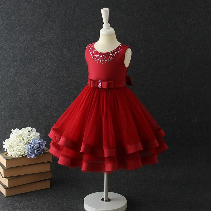 Многослойное платье для девочек на день рождения, платье для девочек на свадьбу с бантом и зеленым цветком, Vestido, праздничная одежда для девочек 3, 4, 6, 8, 10, 12 лет, RKF184081 - Цвет: Ruby
