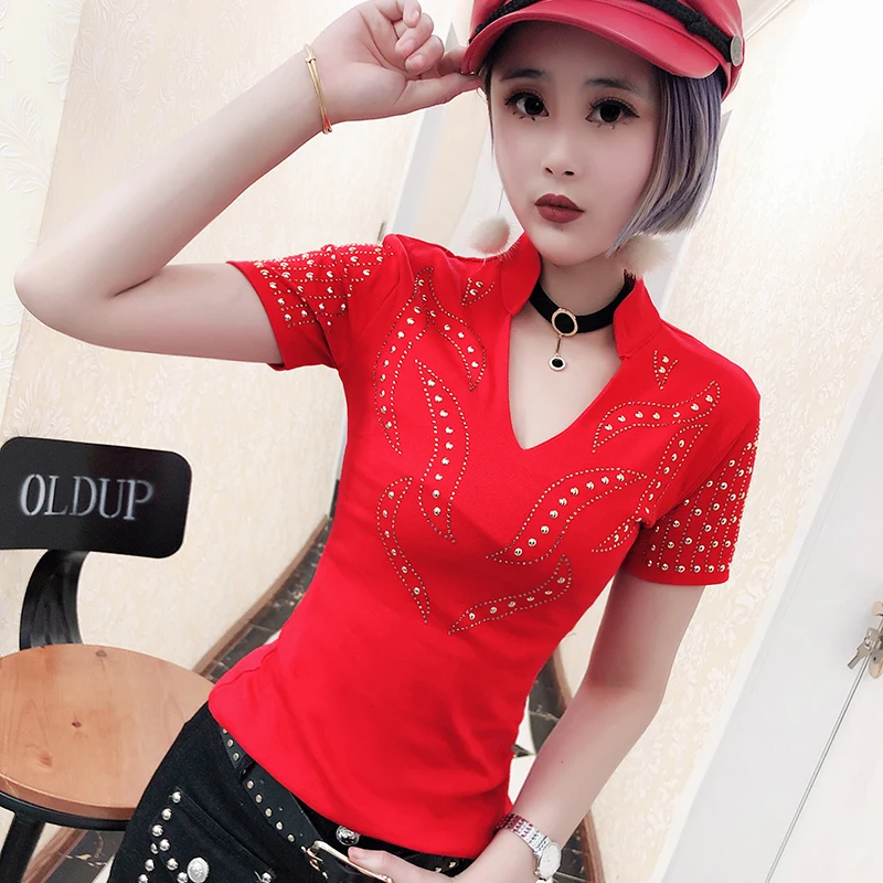 

T-shirts female Rhinestone Punk Rock summer tops women's diamond tshirt tees Poleras Mujer 2019 t shirt Vetement Femme Clothes