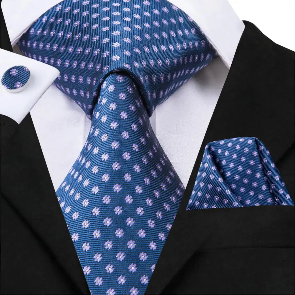

Hi-Tie Luxury Silk Blue Floral Dot Ties for Men Designer Wedding Party Business Tie Set 8.5cm Men's Ties Cufflinks Set SN-3017