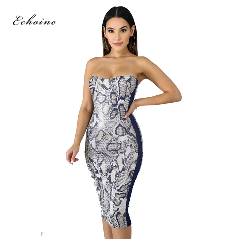 

Echoine Women Sexy Bodycon Dress Party Snake Printed Strapless Tight Sleeveless Off The Shoulder Calf-Length Slim Woman Clothes