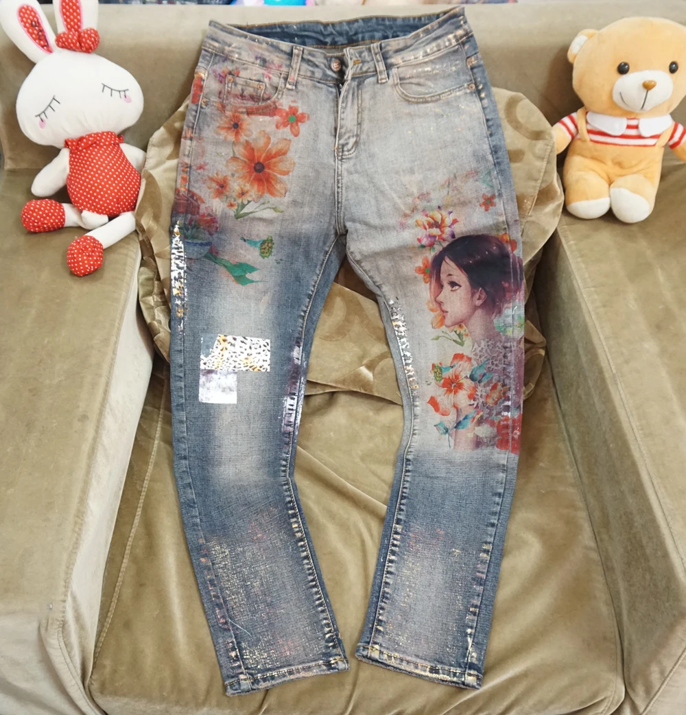 Модные женские эластичные джинсы с объемными цветами, цветные, с цветочным рисунком, сексуальные женские уличные джинсовые брюки, узкие брюки-карандаш