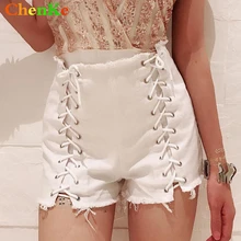 ChenKe новые пикантные летние Для женщин джинсовые черные рваные Короткие джинсы высокой талией кисточкой эластичного кружева до повязки шорты бурлящие штаны