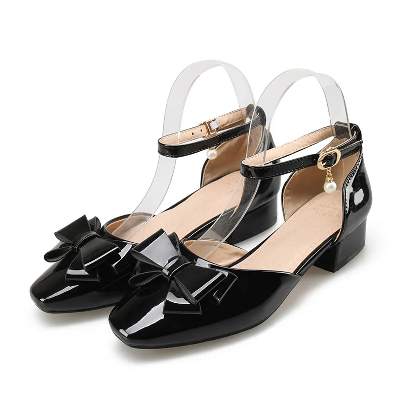 YMECHIC/; милые летние женские туфли в стиле Лолиты с бантиком-бабочкой на массивном каблуке; цвет желтый, синий, черный, красный; вечерние туфли для девочек; туфли-лодочки большого размера