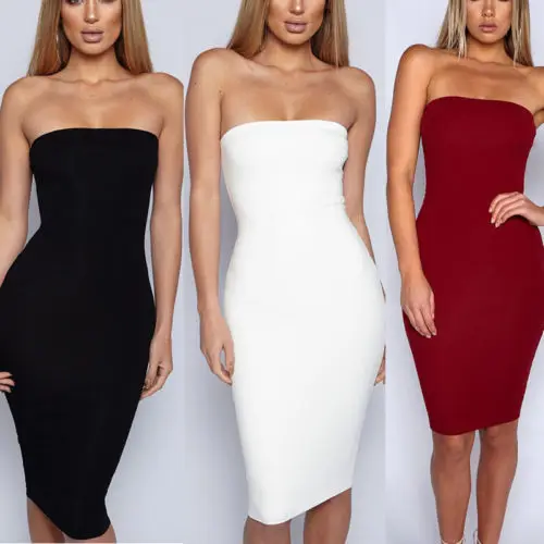 

Women Sexy Sleeveless Solid Boob Tube Top Dress Evening Party Stretch Pencil Knee-Length Dresses Lady Girls Strapless Sexy Dress