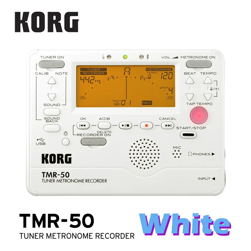KORG TMR50 тюнер+ Метроном+ рекордер, TM50 комбинированный тюнер/Метроном используется для духовых, гитарных, укулеле и фортепианных клавишных инструментов - Цвет: TMR50-White