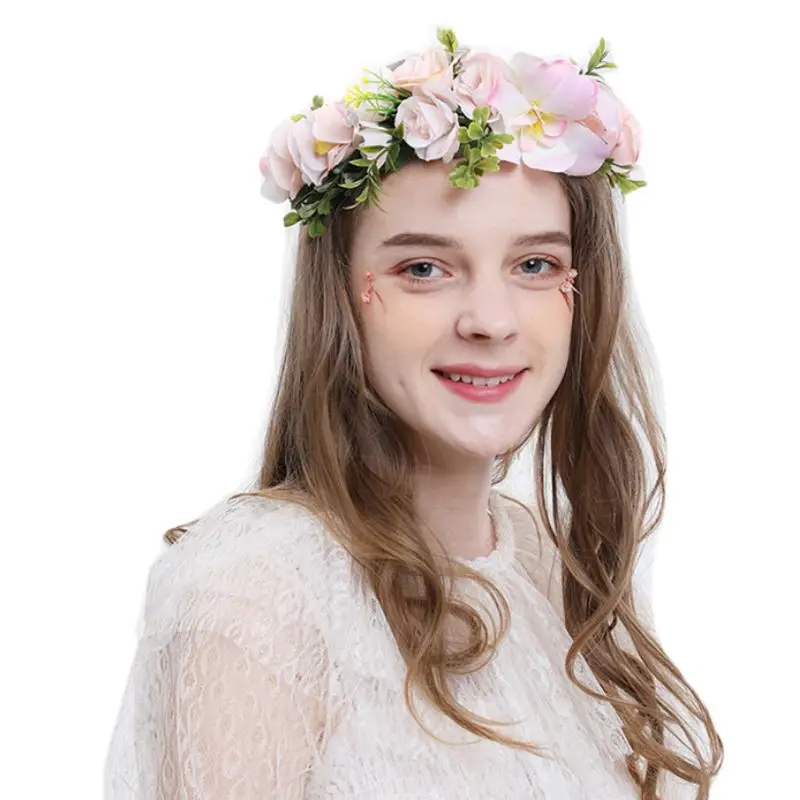 

Hawaii Vacation Headband Women Bridal Wedding Artificial Flower Adjustable Crown Wreath Contrast Colored Beach Romantic Hairband